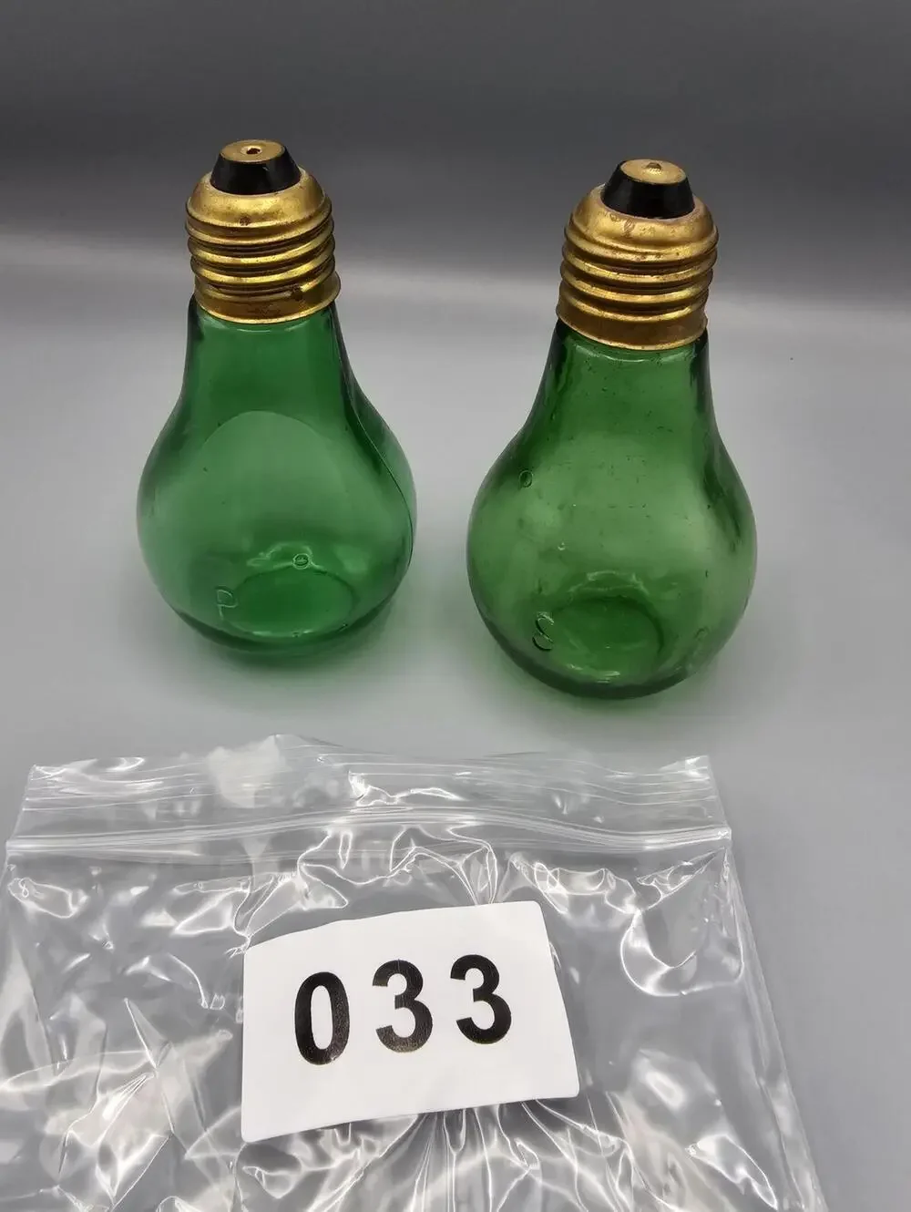 Vintage Green Glass Light Bulb Shaped Salt and Pepper Shakers